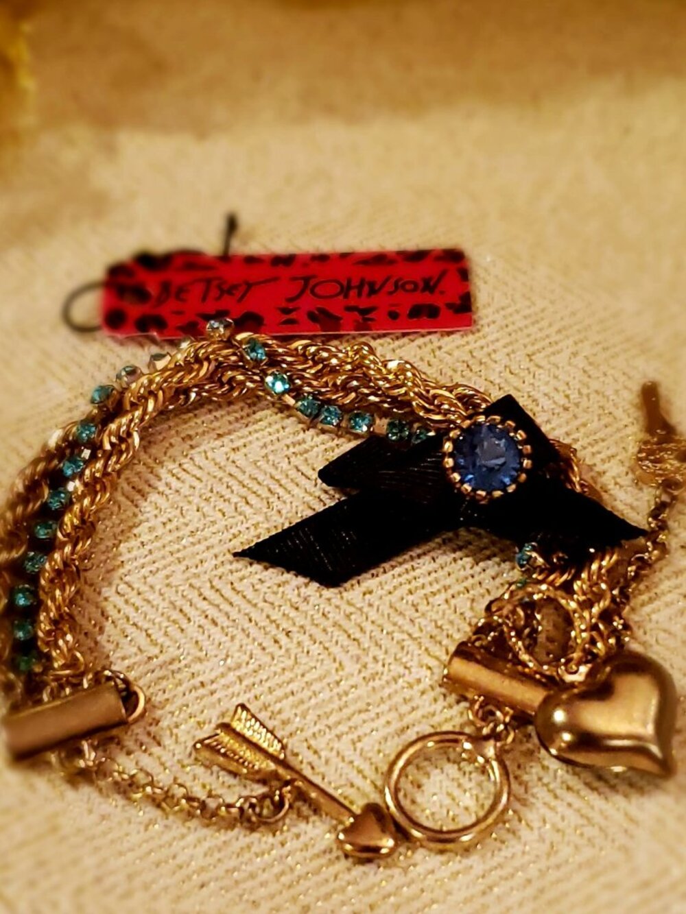 Blue Crystal & Black Bow Charm Bracelet – Gold Tone Multi-Strand Betsey Johnson